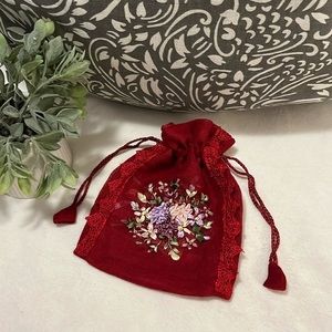 Sheer Red Satin Lined Ribbon Flowers Lace Wristlet Pouch